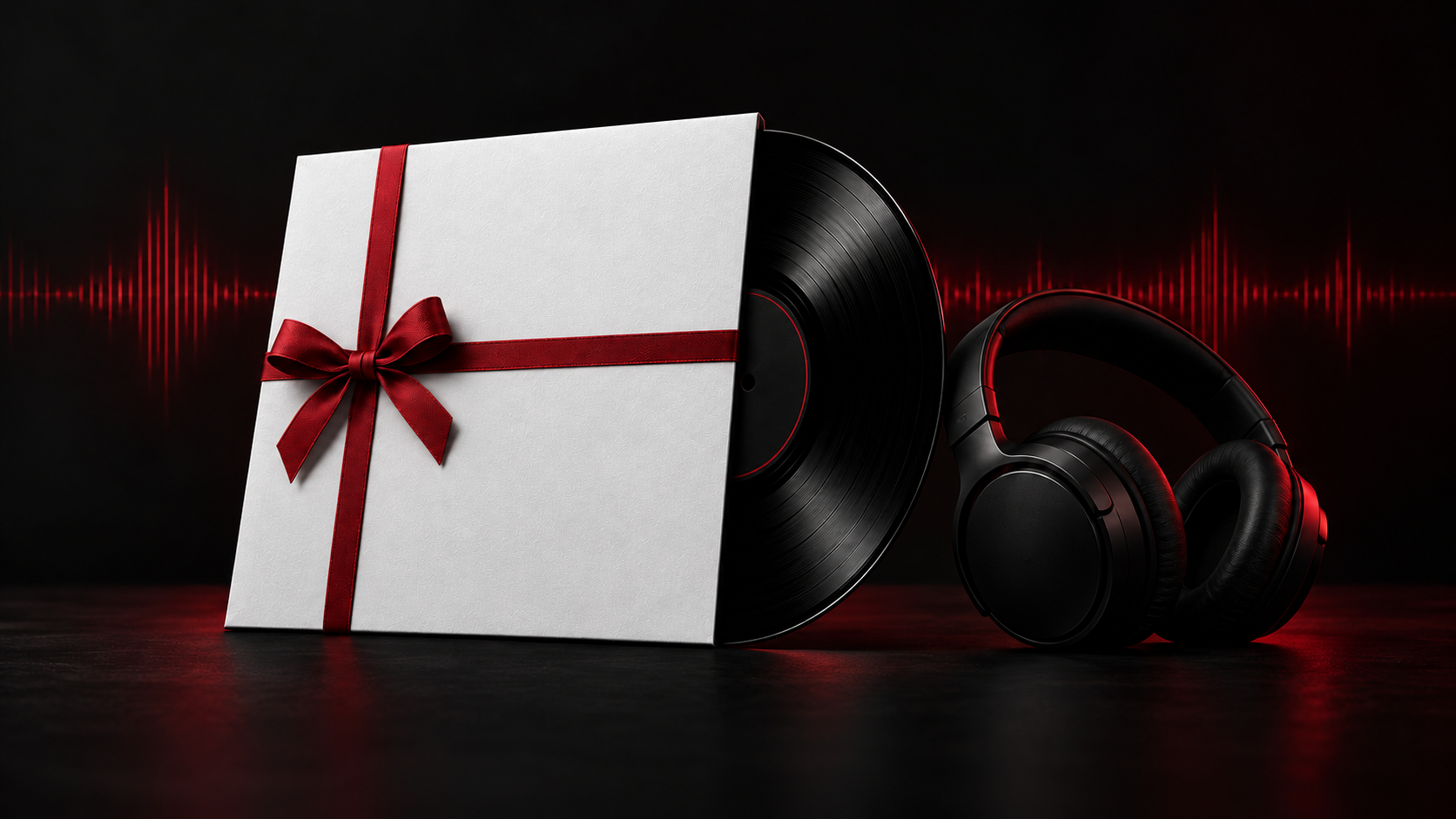 Vinylová deska s dárkovou mašlí a studiovými sluchátky